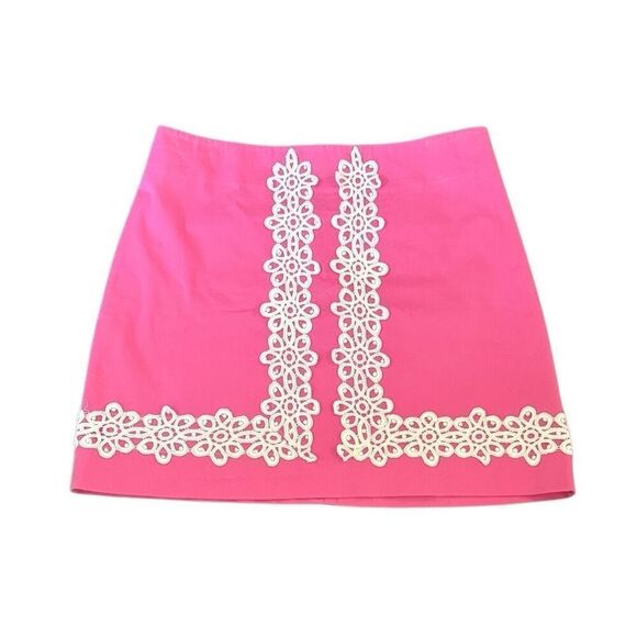 Lily Pulitzer Chic Pink Mini Mara Skirt White Lace Embroidered Womens Size 8 - Picture 2 of 9